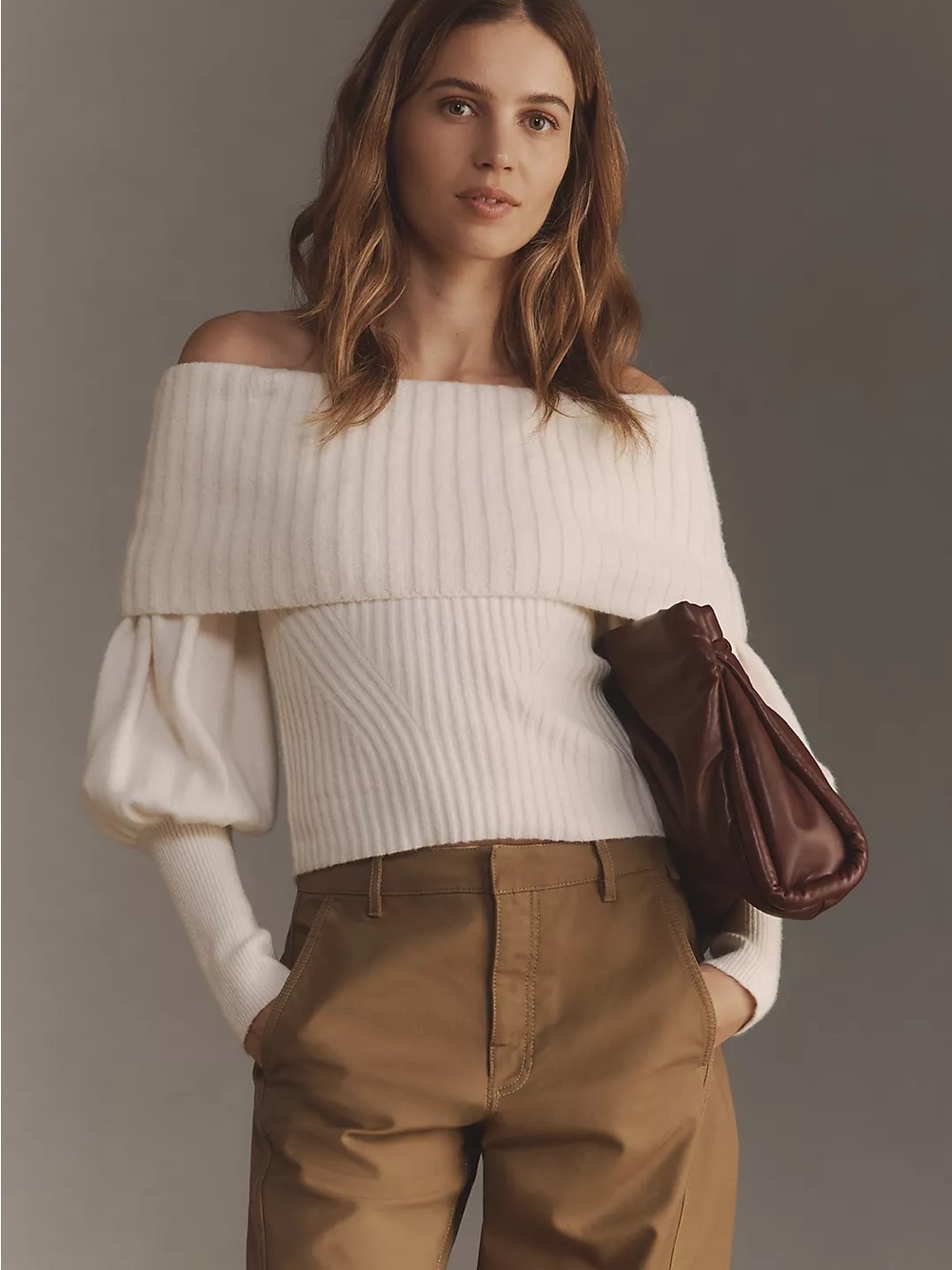 Anthropologie Ivory Off Shoulder Foldover Ribbed Wool Blend Sweater Size S